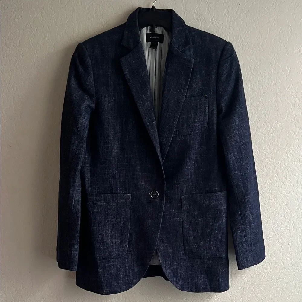 Mango Suit Blazer Classic Dark Blue Chambray Lined Blazer Jacket Size 12